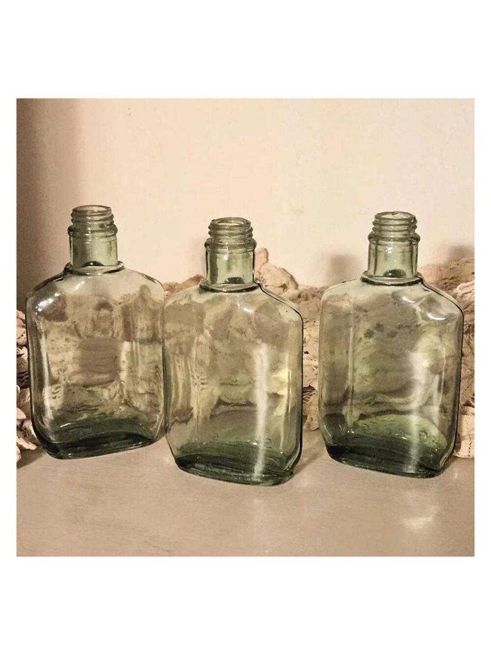 Antique Early 20th Century French Small Green Glass Bottles Apothecary Pharmacy